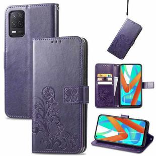 For OPPO Realme V13 Four-leaf Clasp Embossed Buckle Mobile Phone Protection Leather Case with Lanyard & Card Slot & Wallet & Bracket Function(Purple)