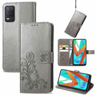 For OPPO Realme V13 Four-leaf Clasp Embossed Buckle Mobile Phone Protection Leather Case with Lanyard & Card Slot & Wallet & Bracket Function(Gray)