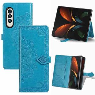 For Samsung Galaxy Z Fold3 Mandala Flower Embossed Horizontal Flip Leather Case with Holder & Three Card Slots & Wallet & Lanyard(Blue)