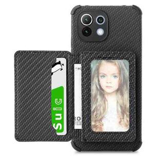For Xiaomi Mi 11 Lite Carbon Fiber Magnetic Card Bag TPU+PU Shockproof Back Cover Case with Holder & Card Slot & Photo Frame(Black)
