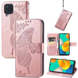 For Samsung Galaxy M32 Butterfly Love Flowers Embossed Horizontal Flip Leather Case with Holder & Card Slots & Wallet & Lanyard(Rose Gold)