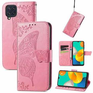 For Samsung Galaxy M32 Butterfly Love Flowers Embossed Horizontal Flip Leather Case with Holder & Card Slots & Wallet & Lanyard(Pink)