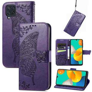 For Samsung Galaxy M32 Butterfly Love Flowers Embossed Horizontal Flip Leather Case with Holder & Card Slots & Wallet & Lanyard(Dark Purple)