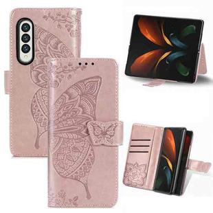 For Samsung Galaxy Z Fold3 Butterfly Love Flowers Embossed Horizontal Flip Leather Case with Holder & Card Slots & Wallet & Lanyard(Rose Gold)