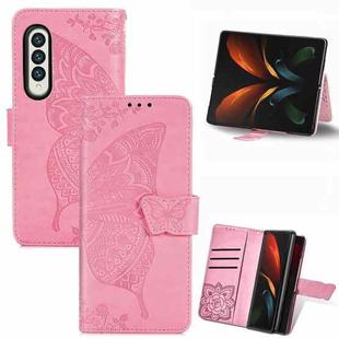 For Samsung Galaxy Z Fold3 Butterfly Love Flowers Embossed Horizontal Flip Leather Case with Holder & Card Slots & Wallet & Lanyard(Pink)