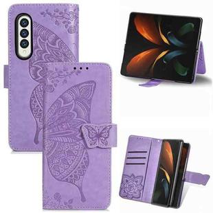 For Samsung Galaxy Z Fold3 Butterfly Love Flowers Embossed Horizontal Flip Leather Case with Holder & Card Slots & Wallet & Lanyard(Light Purple)