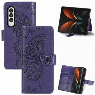 For Samsung Galaxy Z Fold3 Butterfly Love Flowers Embossed Horizontal Flip Leather Case with Holder & Card Slots & Wallet & Lanyard(Dark Purple)