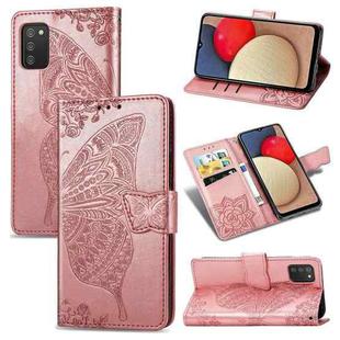 For Samsung Galaxy A03s 164mm Butterfly Love Flowers Embossed Horizontal Flip Leather Case with Holder & Card Slots & Wallet & Lanyard(Rose Gold)
