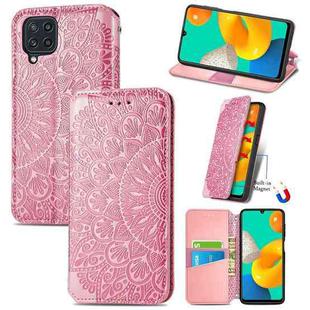 For Galaxy A22 4G Blooming Mandala Embossed Pattern Magnetic Horizontal Flip Leather Case with Holder & Card Slots & Wallet(Pink)