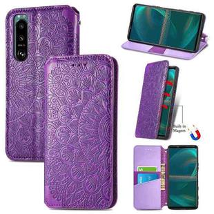 For Sony Xperia 5 III Blooming Mandala Embossed Pattern Magnetic Horizontal Flip Leather Case with Holder & Card Slots & Wallet(Purple)