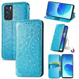 For OPPO Reno6 5G Blooming Mandala Embossed Pattern Magnetic Horizontal Flip Leather Case with Holder & Card Slots & Wallet(Blue)
