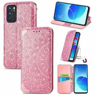 For OPPO Reno6 5G Blooming Mandala Embossed Pattern Magnetic Horizontal Flip Leather Case with Holder & Card Slots & Wallet(Pink)