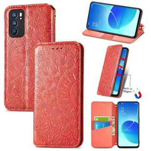 For OPPO Reno6 5G Blooming Mandala Embossed Pattern Magnetic Horizontal Flip Leather Case with Holder & Card Slots & Wallet(Red)