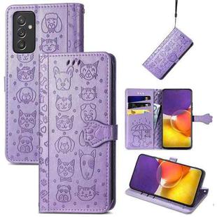 For Galaxy  A82 5G Cute Cat and Dog Embossed Horizontal Flip Leather Case with Holder & Card Slots & Wallet & Lanyard(Purple)