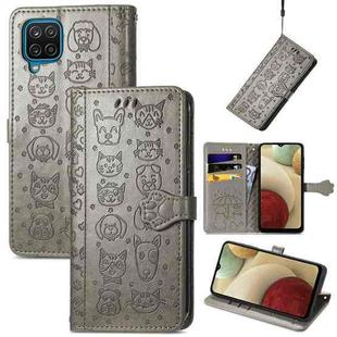 For Galaxy A12 Cute Cat and Dog Embossed Horizontal Flip Leather Case with Holder & Card Slots & Wallet & Lanyard(Gray)