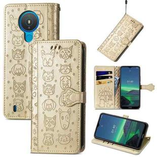 For Nokia 1.4 Cute Cat and Dog Embossed Horizontal Flip Leather Case with Holder & Card Slots & Wallet & Lanyard(Gold)