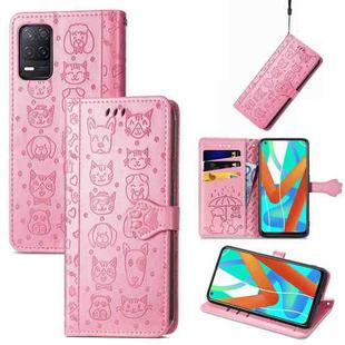 For OPPO Realme V15 5G Cute Cat and Dog Embossed Horizontal Flip Leather Case with Holder & Card Slots & Wallet & Lanyard(Pink)