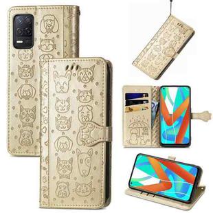 For OPPO Realme V15 5G Cute Cat and Dog Embossed Horizontal Flip Leather Case with Holder & Card Slots & Wallet & Lanyard(Gold)