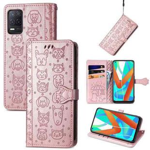 For OPPO Realme V15 5G Cute Cat and Dog Embossed Horizontal Flip Leather Case with Holder & Card Slots & Wallet & Lanyard(Rose Gold)