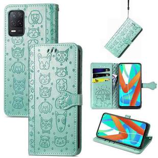 For OPPO Realme V15 5G Cute Cat and Dog Embossed Horizontal Flip Leather Case with Holder & Card Slots & Wallet & Lanyard(Green)