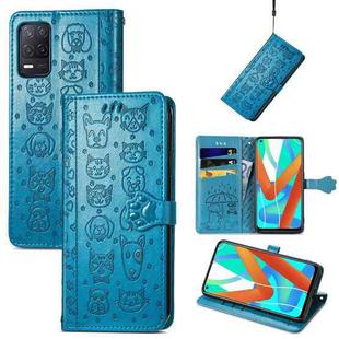 For OPPO Realme V15 5G Cute Cat and Dog Embossed Horizontal Flip Leather Case with Holder & Card Slots & Wallet & Lanyard(Blue)