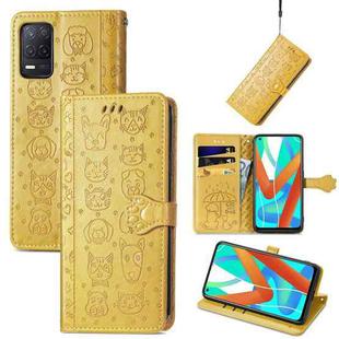 For OPPO Realme V13 Cute Cat and Dog Embossed Horizontal Flip Leather Case with Holder & Card Slots & Wallet & Lanyard(Yellow)