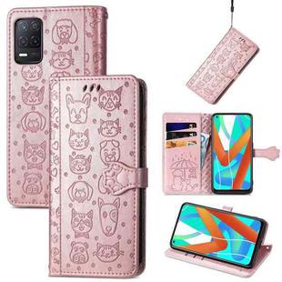 For OPPO Realme V13 Cute Cat and Dog Embossed Horizontal Flip Leather Case with Holder & Card Slots & Wallet & Lanyard(Rose Gold)