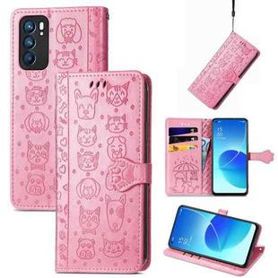 For OPPO Reno6 5G Cute Cat and Dog Embossed Horizontal Flip Leather Case with Holder & Card Slots & Wallet & Lanyard(Pink)