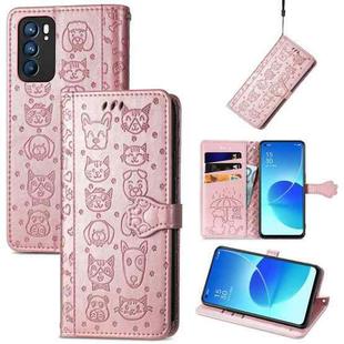 For OPPO Reno6 5G Cute Cat and Dog Embossed Horizontal Flip Leather Case with Holder & Card Slots & Wallet & Lanyard(Rose Gold)