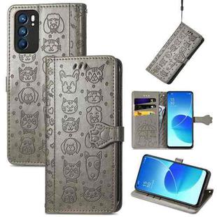 For OPPO Reno6 5G Cute Cat and Dog Embossed Horizontal Flip Leather Case with Holder & Card Slots & Wallet & Lanyard(Gray)