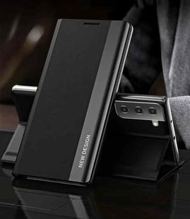 For Samsung Galaxy S21+ 5G Side Electroplated Magnetic Ultra-Thin Horizontal Flip Leather Case with Holder(Black)