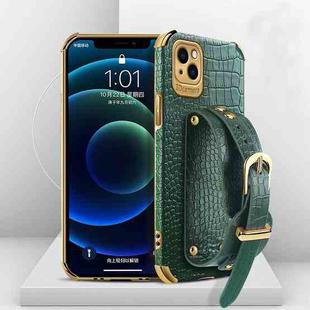 For iPhone 13 Electroplated TPU Crocodile Pattern Leather Case with Wrist Strap(Green)