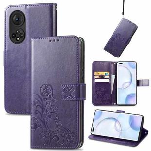 For Honor 50 Pro Four-leaf Clasp Embossed Buckle Mobile Phone Protection Leather Case with Lanyard & Card Slot & Wallet & Bracket Function(Purple)