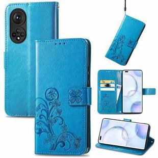 For Honor 50 Pro Four-leaf Clasp Embossed Buckle Mobile Phone Protection Leather Case with Lanyard & Card Slot & Wallet & Bracket Function(Blue)