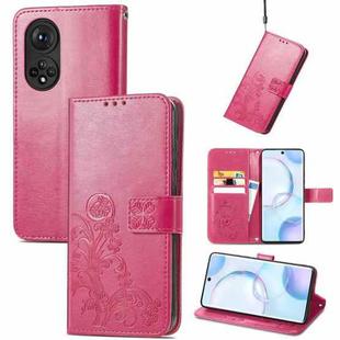 For Honor 50 Four-leaf Clasp Embossed Buckle Mobile Phone Protection Leather Case with Lanyard & Card Slot & Wallet & Bracket Function(Magenta)