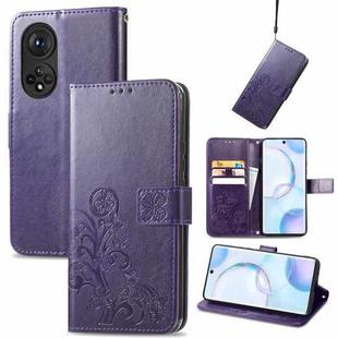 For Honor 50 Four-leaf Clasp Embossed Buckle Mobile Phone Protection Leather Case with Lanyard & Card Slot & Wallet & Bracket Function(Purple)