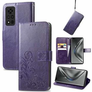 For Honor V40 5G Four-leaf Clasp Embossed Buckle Mobile Phone Protection Leather Case with Lanyard & Card Slot & Wallet & Bracket Function(Purple)
