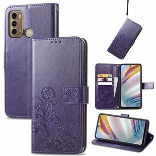 For Motorola Moto G60 Four-leaf Clasp Embossed Buckle Mobile Phone Protection Leather Case with Lanyard & Card Slot & Wallet & Bracket Function(Purple)