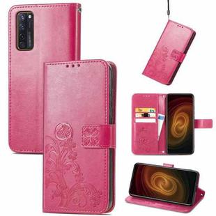 For ZTE AXON 20 5G Four-leaf Clasp Embossed Buckle Mobile Phone Protection Leather Case with Lanyard & Card Slot & Wallet & Bracket Function(Magenta)