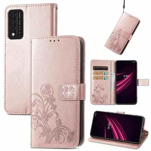 For T-Mobile REVVL V+ 5G Four-leaf Clasp Embossed Buckle Mobile Phone Protection Leather Case with Lanyard & Card Slot & Wallet & Bracket Function(Rose Gold)