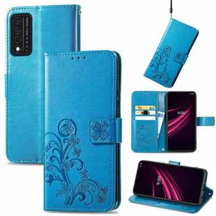 For T-Mobile REVVL V+ 5G Four-leaf Clasp Embossed Buckle Mobile Phone Protection Leather Case with Lanyard & Card Slot & Wallet & Bracket Function(Blue)