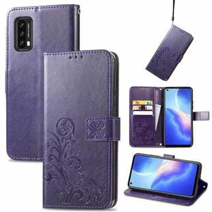 For Blackview A90 Four-leaf Clasp Embossed Buckle Mobile Phone Protection Leather Case with Lanyard & Card Slot & Wallet & Bracket Function(Purple)