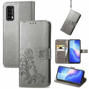 For Blackview A90 Four-leaf Clasp Embossed Buckle Mobile Phone Protection Leather Case with Lanyard & Card Slot & Wallet & Bracket Function(Gray)