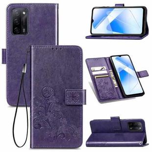 For OPPO A55 5G Four-leaf Clasp Embossed Buckle Mobile Phone Protection Leather Case with Lanyard & Card Slot & Wallet & Bracket Function(Purple)