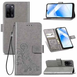 For OPPO A55 5G Four-leaf Clasp Embossed Buckle Mobile Phone Protection Leather Case with Lanyard & Card Slot & Wallet & Bracket Function(Gray)