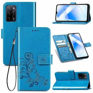 For OPPO A55 5G Four-leaf Clasp Embossed Buckle Mobile Phone Protection Leather Case with Lanyard & Card Slot & Wallet & Bracket Function(Blue)