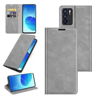 For OPPO Reno6 5G Retro-skin Business Magnetic Suction Leather Case with Holder & Card Slots & Wallet(Grey)