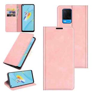 For OPPO A54 4G Retro-skin Business Magnetic Suction Leather Case with Holder & Card Slots & Wallet(Pink)