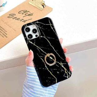 For iPhone 12 Pro Max Thickened TPU Glazed Marble Pattern Case with Metallic Ring Holder(Black)