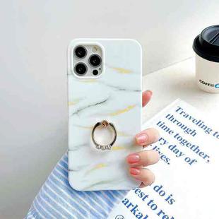 For iPhone 12 Pro Max Thickened TPU Glazed Marble Pattern Case with Metallic Ring Holder(White)